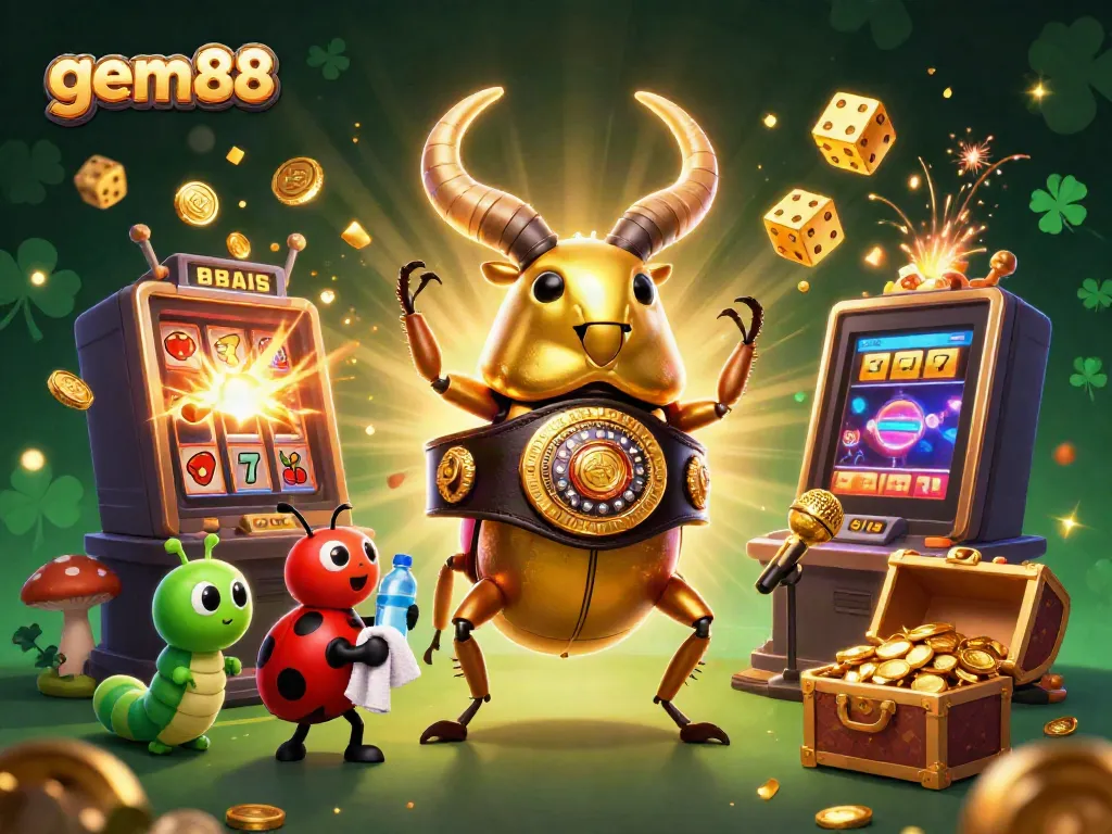 Experience the excitement at gem88 with vibrant slot jackpots and animated characters in a lively 3D casino scene.