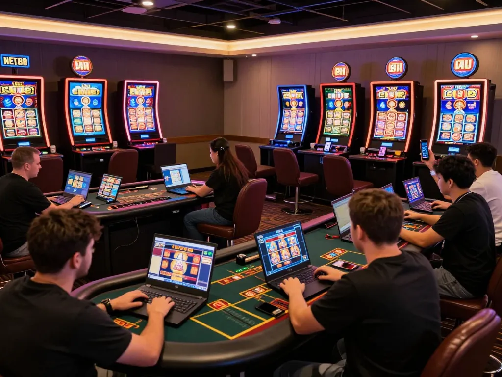 Players enjoying online gaming at NET88 with vibrant screens and cozy atmosphere.