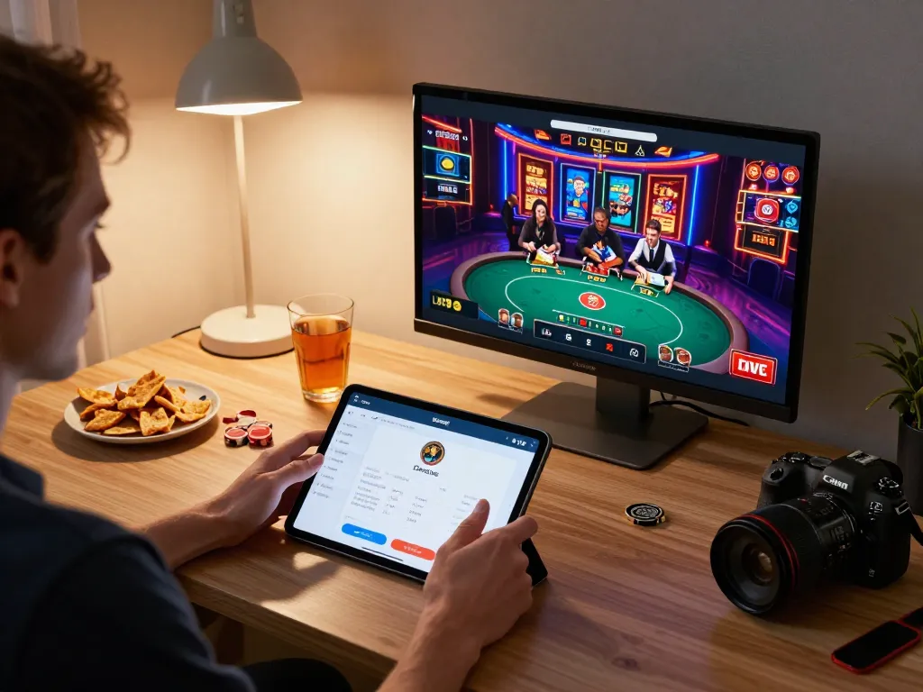 MMLIVE user engaging in online gambling with a tablet in a cozy home office setting