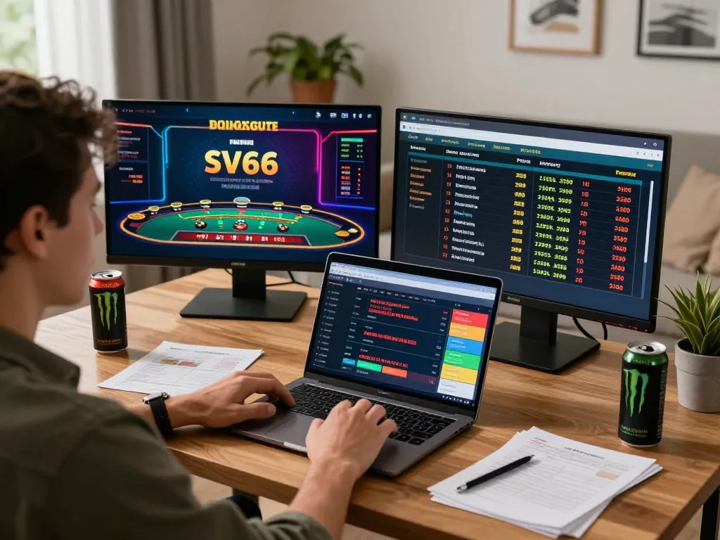 Player engaging with SV66 platform during online blackjack and sports betting session in stylish home.