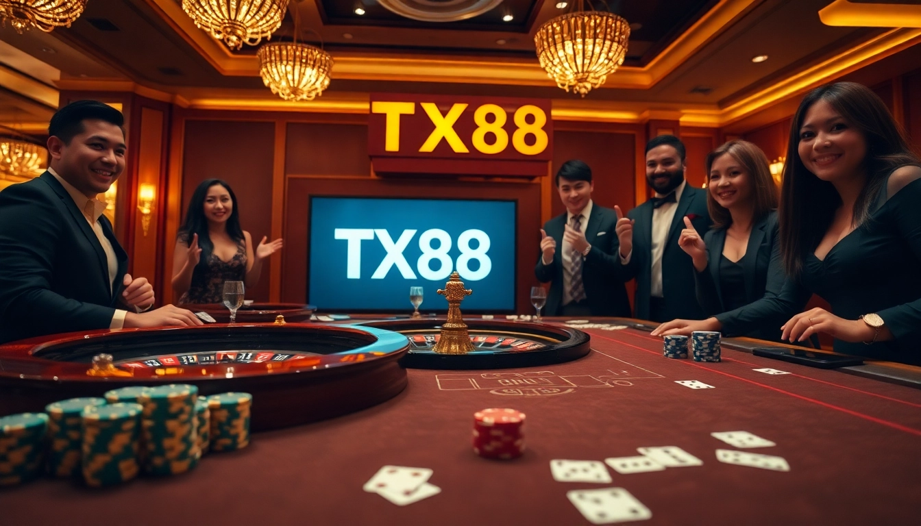 Experience thrilling casino action with TX88 players at an elegant poker table surrounded by chips and cards.