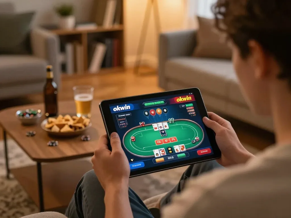 Engaging player using the okwin app for online poker in a cozy home setting.