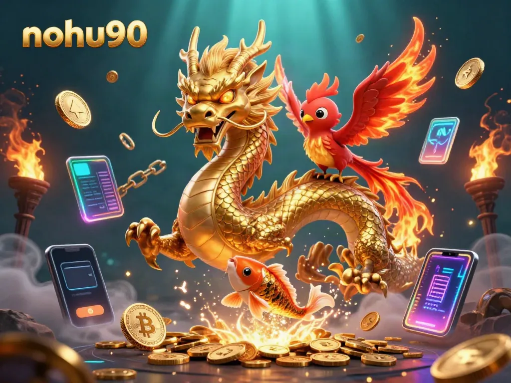 Nohu90 showcases an exciting 3D casino scene with a dragon and colorful elements bringing luck.