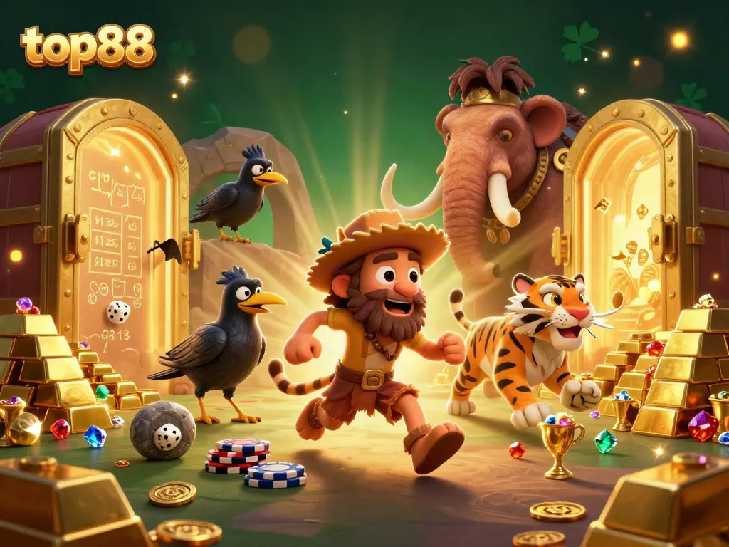 Experience exhilarating gameplay at top88 with a vibrant prehistoric casino scene featuring gold treasures and animated characters.
