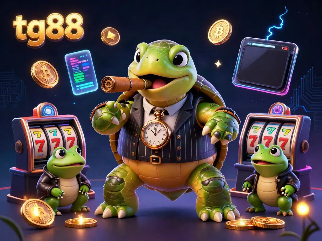 Experience excitement at tg88 with a rich casino scene featuring a mobster turtle and slot reels.