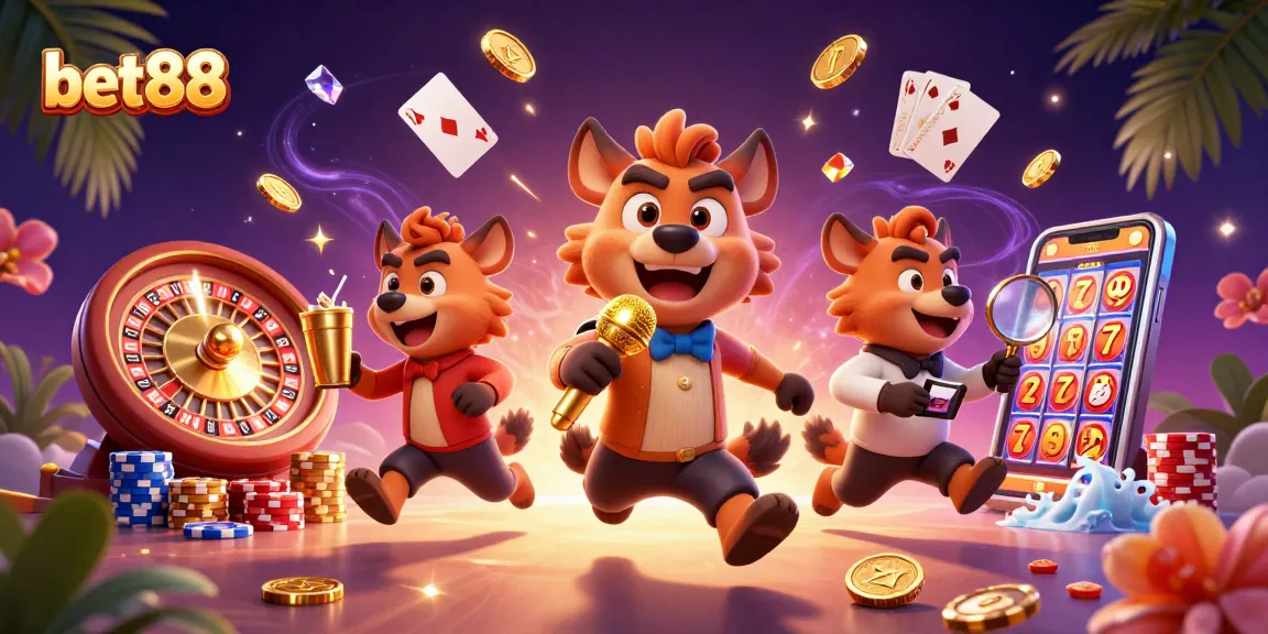 Experience the excitement of bet88 with a vibrant casino scene featuring hyenas and games.