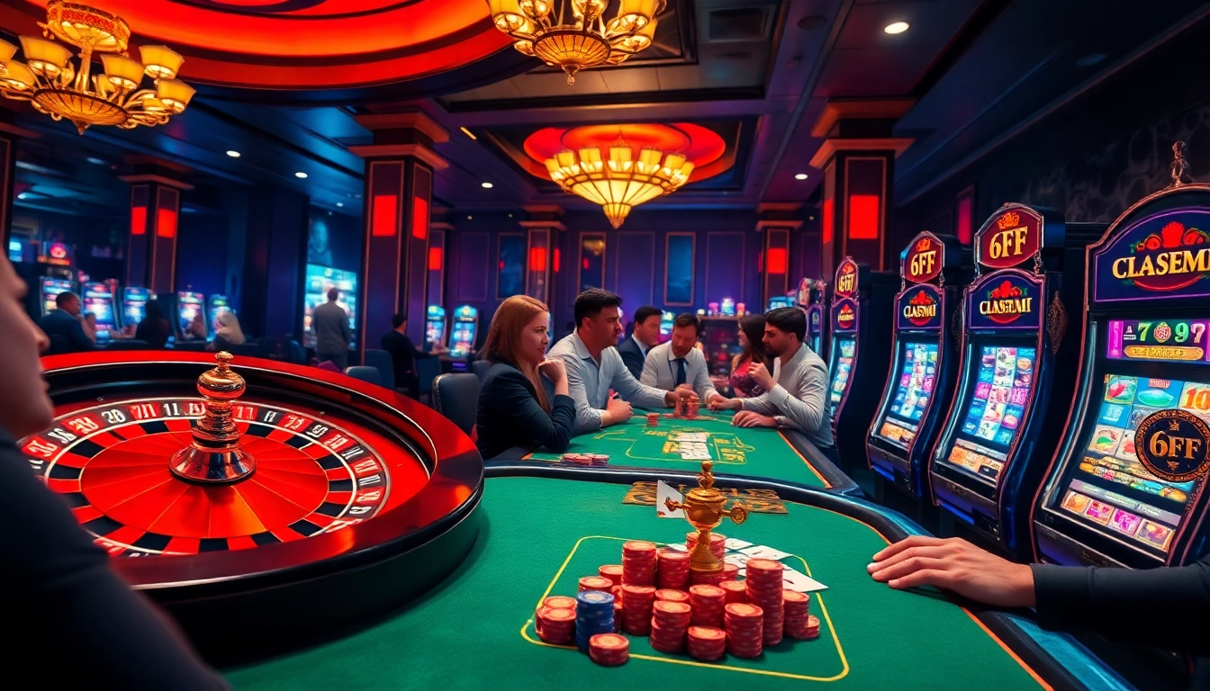 Gamblers enjoying high-stakes excitement at a 6FF casino with roulette and poker tables