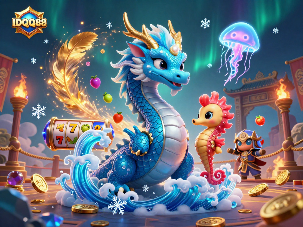 Engaging illustration depicting IDQQ88 with a water dragon, seahorse knight, and neon jellyfish in a vibrant slot-themed scene.