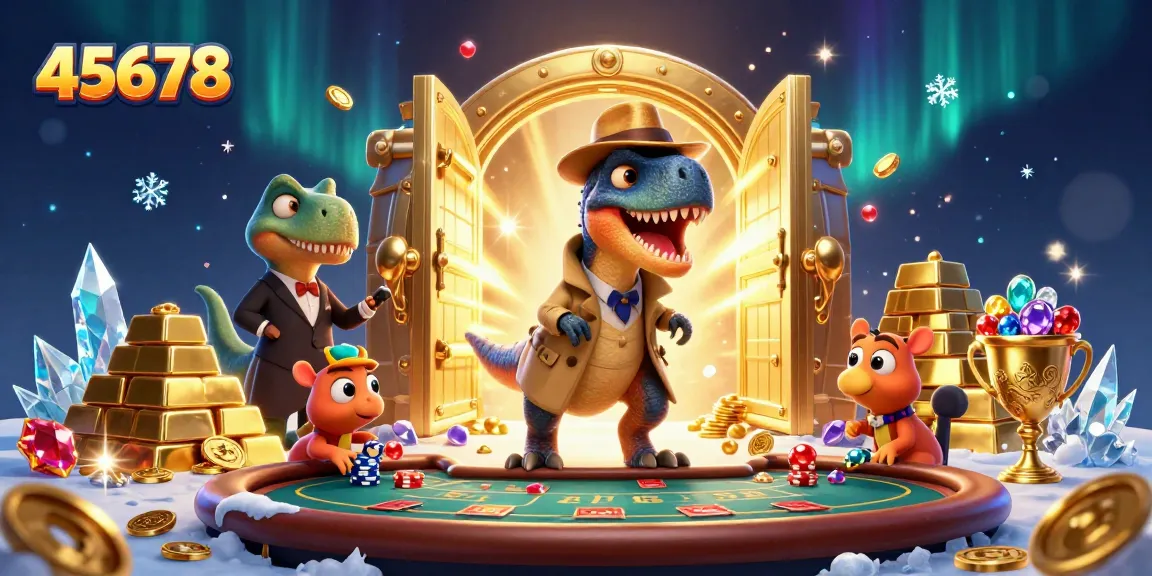 Experience thrilling gameplay at 45678 with a velociraptor card counter and stegosaurus pit boss in a dynamic casino scene.