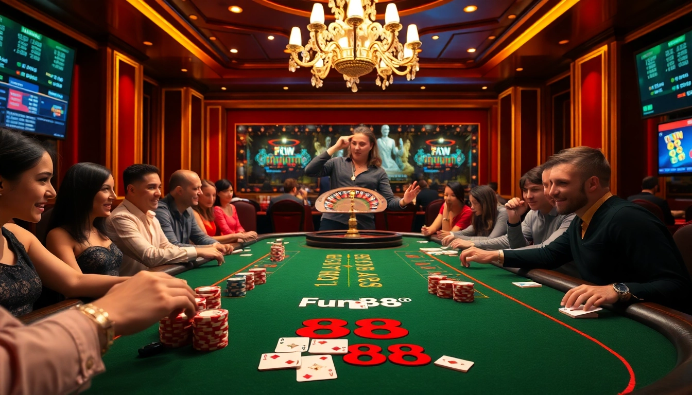 Experience the vibrant atmosphere of Fun 88 at a luxury poker table, chips, and cards ready to play.