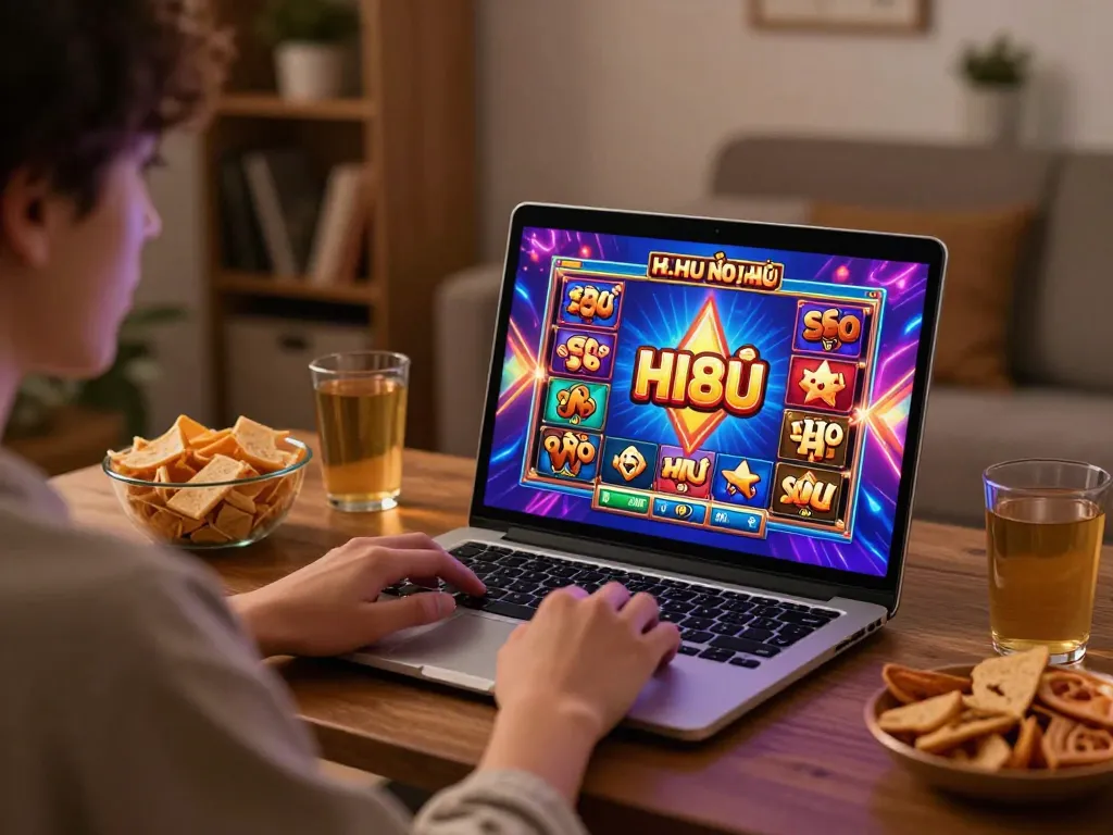 Engaging in HI88 nổ hũ online slot game on laptop with cozy home atmosphere.