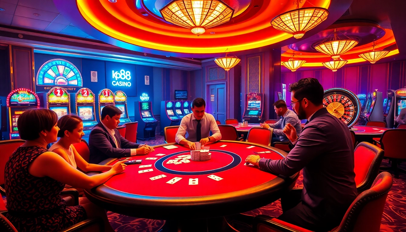 Engaging players at kp88 casino joyfully placing bets at a poker table.