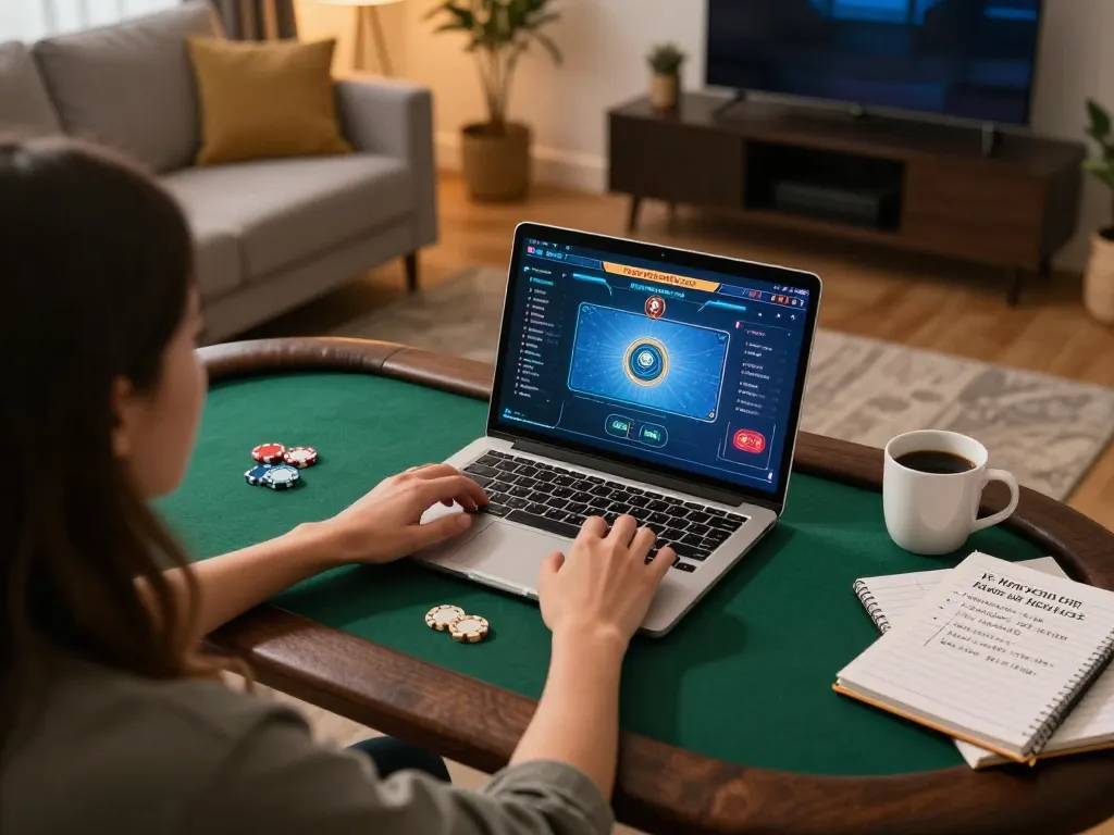 Player enjoying poker on Vipwin platform with strategic notes at home