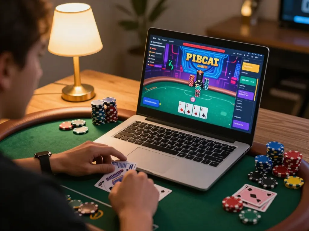 sbobet11 player enjoying strategic online poker gaming at home with chips visible
