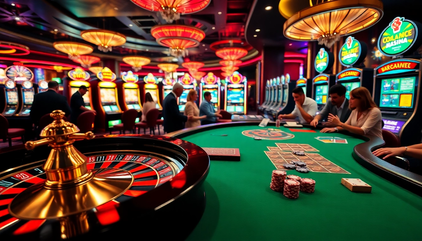 Players enjoy thrilling roulette action at https://f1686s.com/ casino, surrounded by vibrant slot machines.