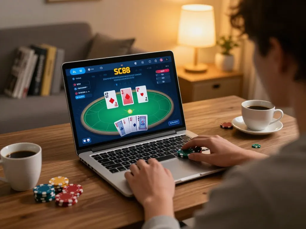 SC88 online poker game engagement with focused player in cozy environment.