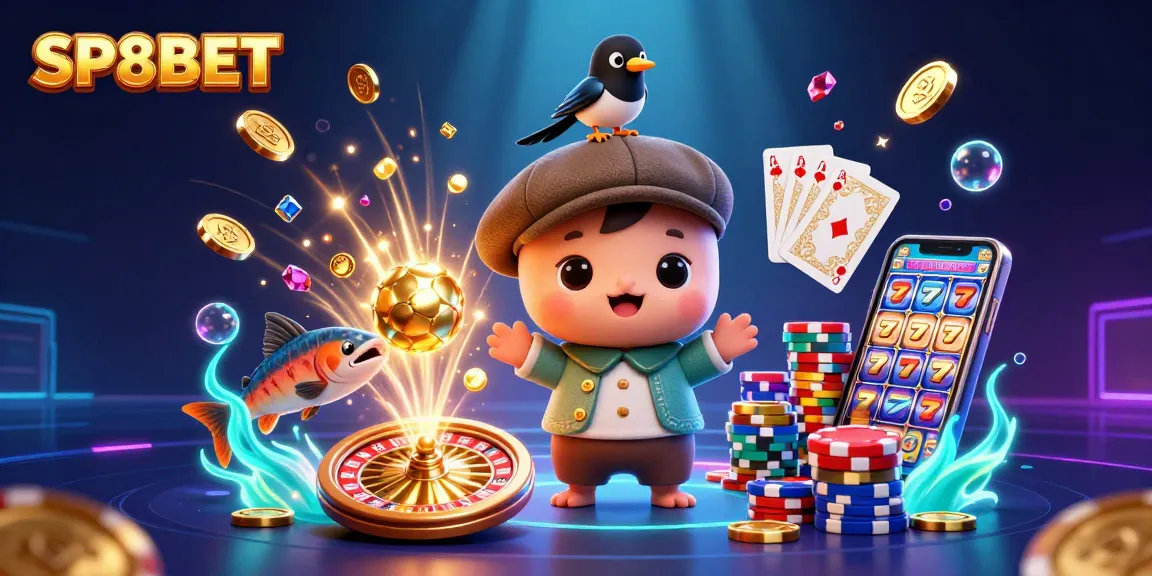 Engage with SP8BET while enjoying vibrant casino-themed experiences in a playful scene.