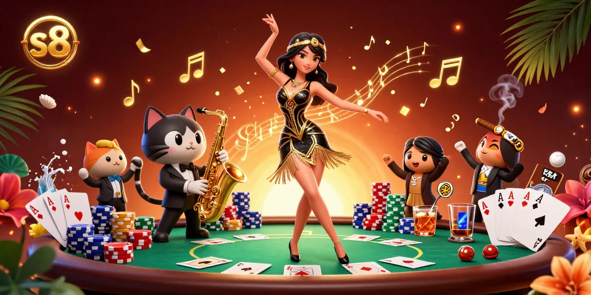 S8 players enjoy high-stakes poker surrounded by vibrant casino elements in this lively illustration.