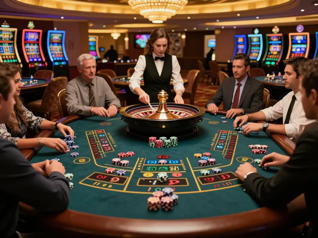 Players placing bets at the Sunwin roulette table in an upscale casino, creating an exciting atmosphere