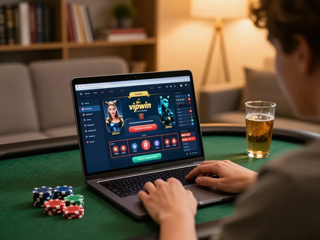 Player engaged with vipwin's online casino interface, enjoying a relaxed gaming session at home.