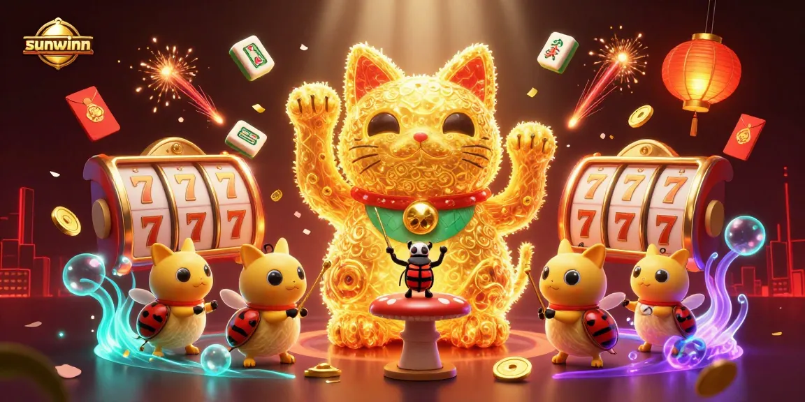 Experience the excitement of sunwinn's dynamic casino gaming with a golden lucky cat surrounded by slot symbols and festive elements.