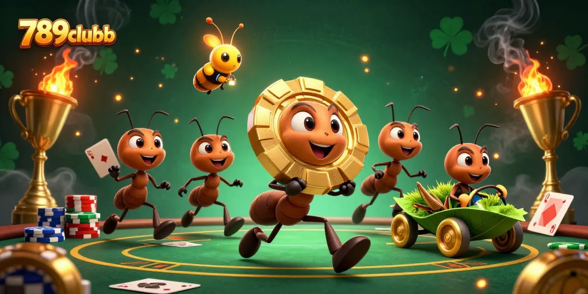 Experience the thrill of gambling with 789clubb's cartoon heist theme, featuring playful ants and golden poker chips.