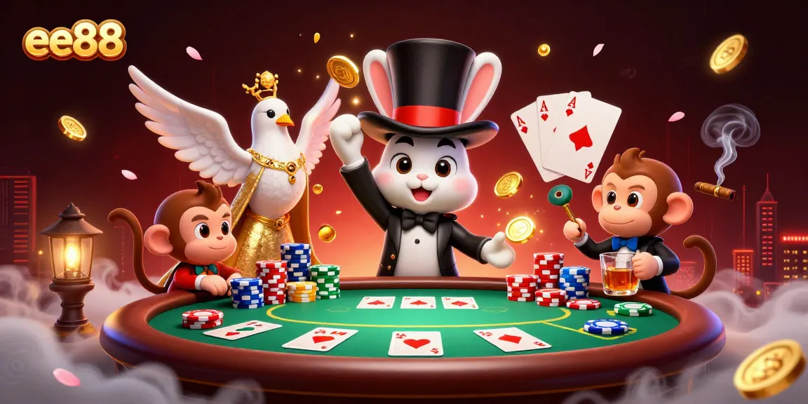 ee88's magical casino adventure with a rabbit, dove, and monkey amidst poker action.