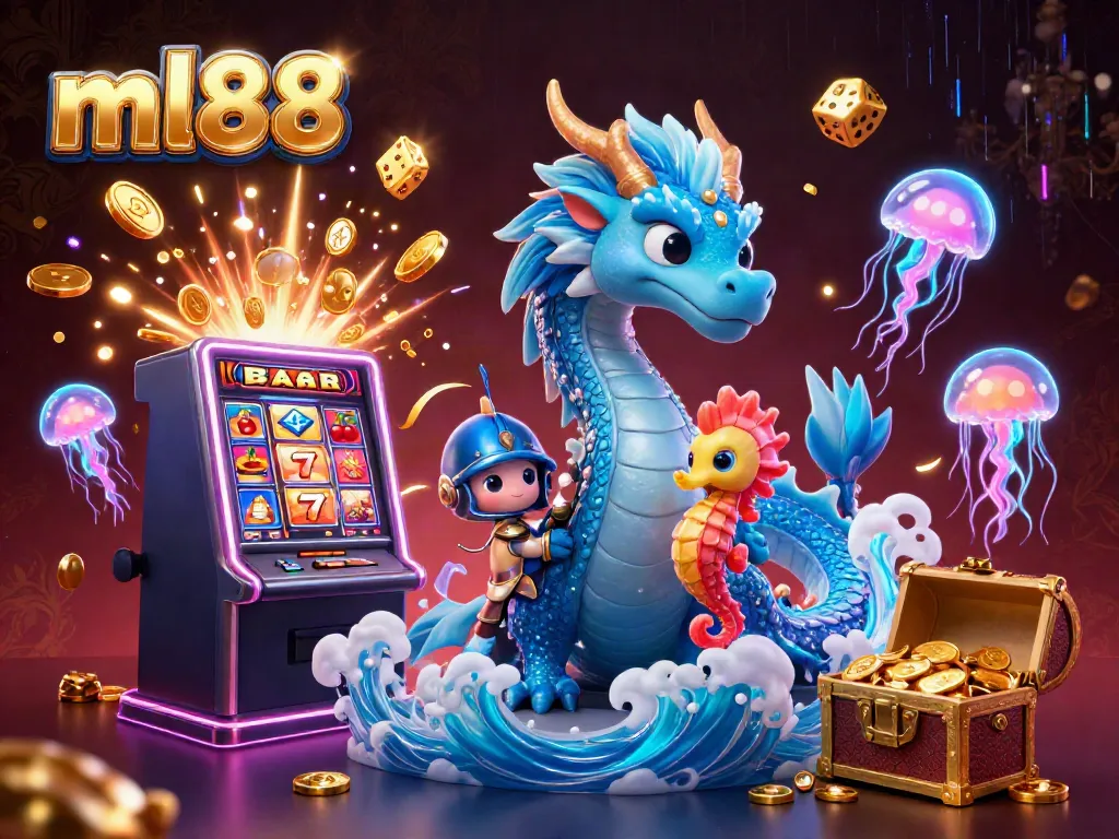 Engage with ml88's thrilling jackpot scene featuring a vibrant water dragon and casino game elements.