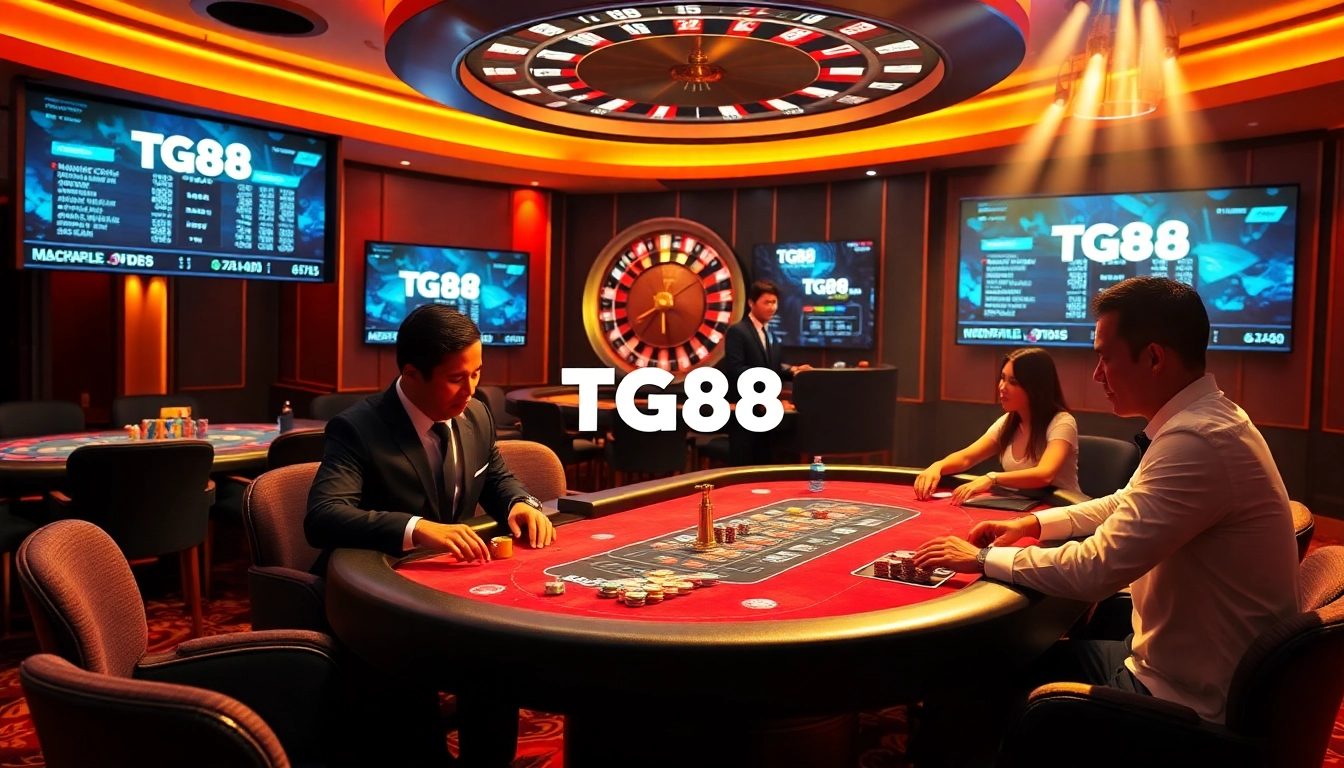 Players enjoying a thrilling game at TG88 poker table with vibrant chips and roulette wheel.