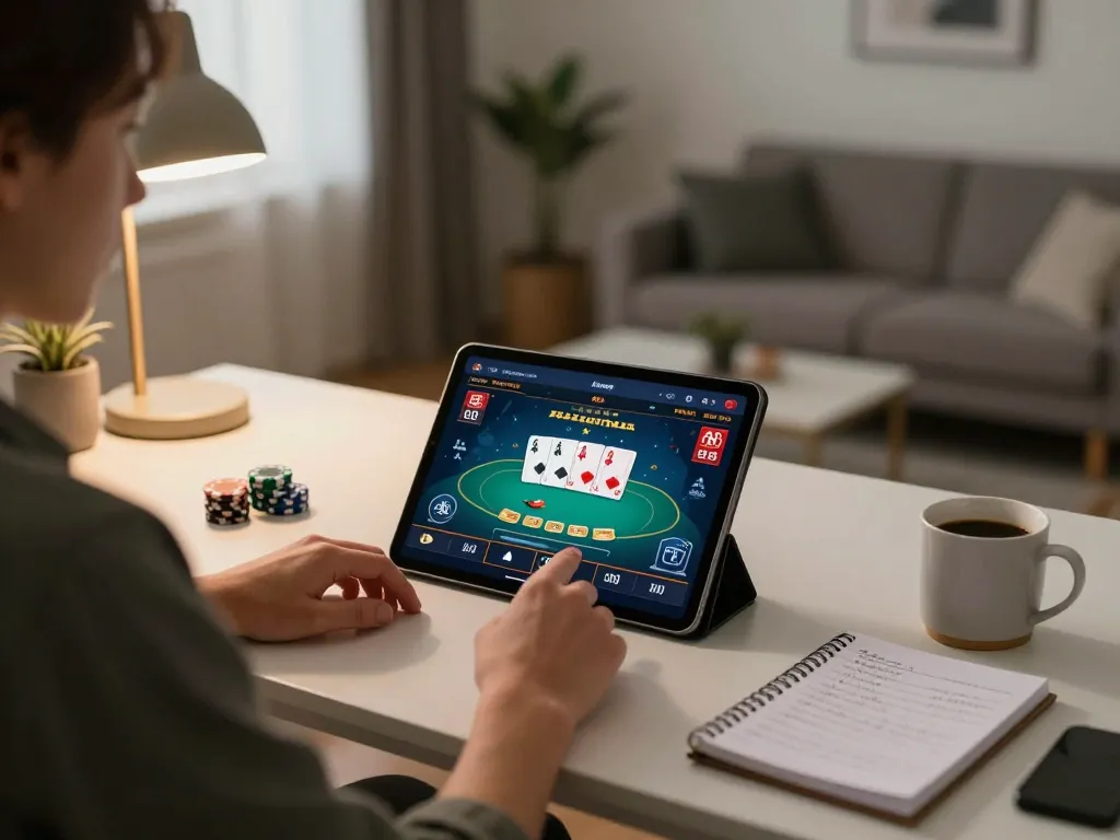 Engaging in strategic online poker gameplay on the 22luck8 casino app from a cozy home setup.