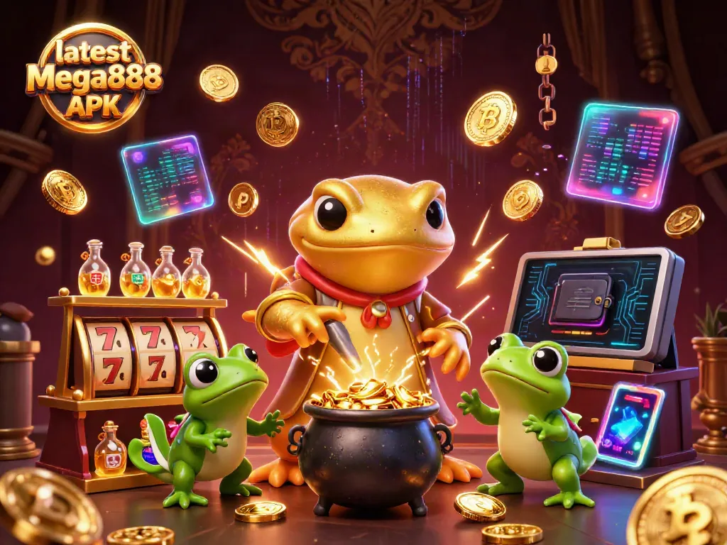 Play and win with the latest Mega888 APK, featuring golden alchemists and classic casino elements.