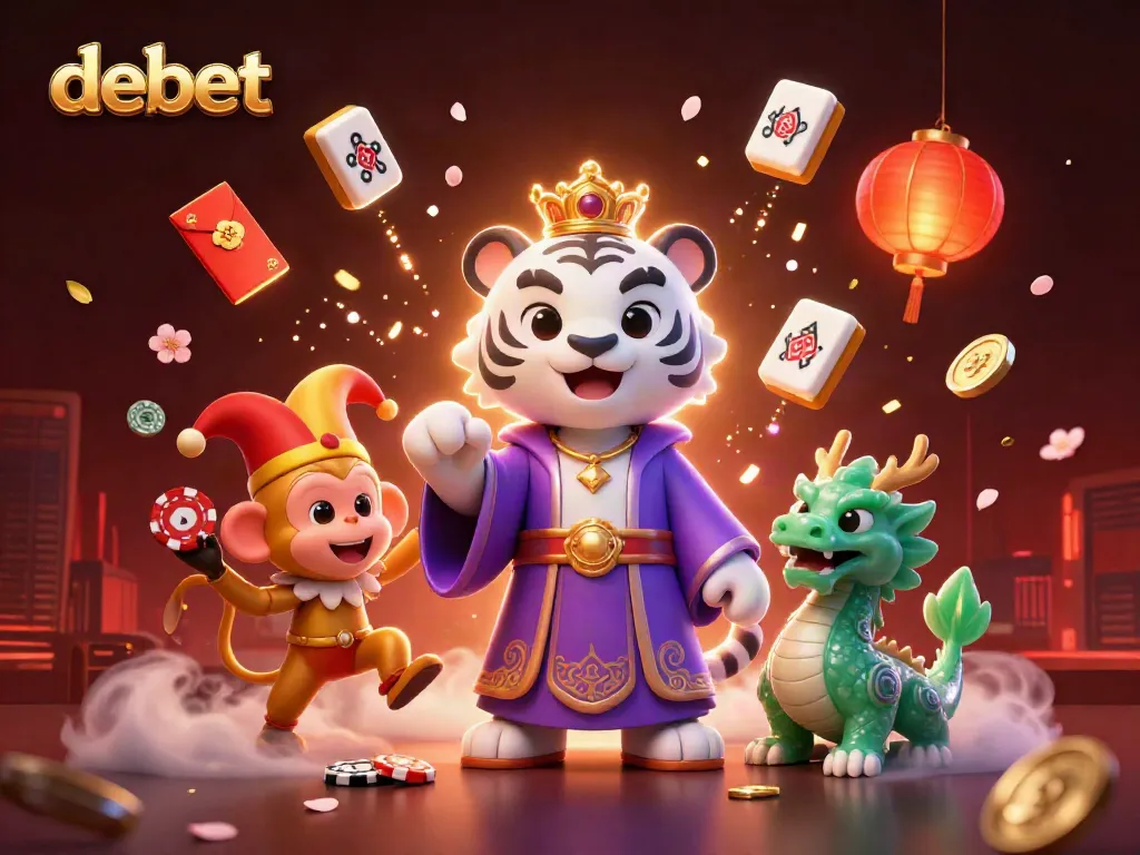 Engaging illustration of debet online casino, featuring a white tiger, monkey, and jade dragon surrounded by dynamic casino elements.