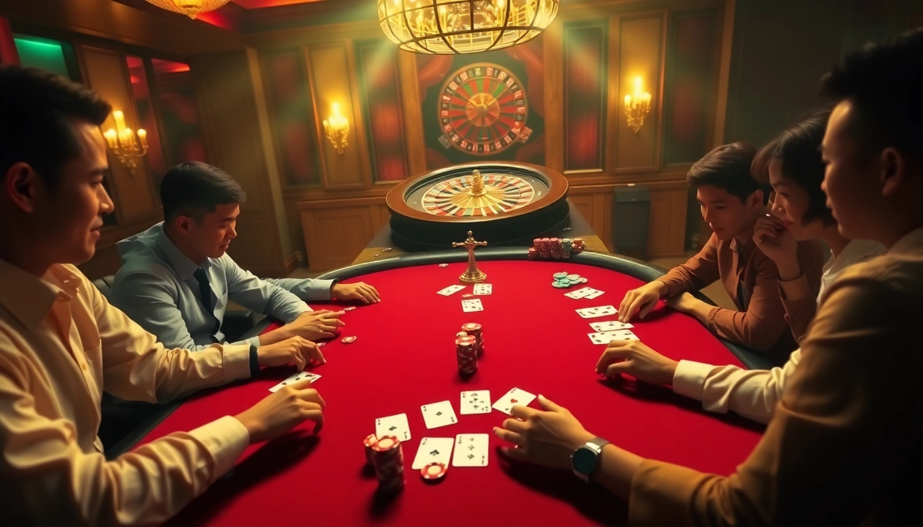 Cách Chơi Chắn 68gb showcasing an exciting poker table scene with players, vibrant chips, and cards.