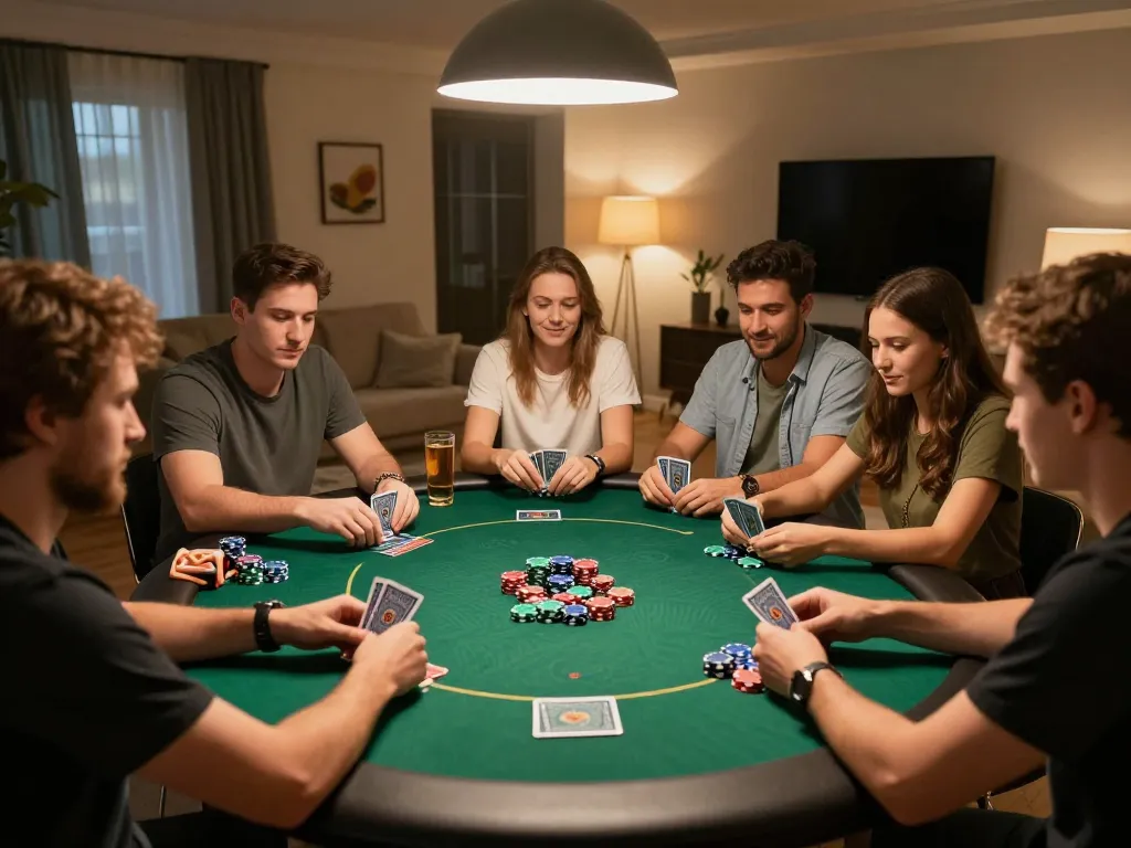 Players enjoying a lively poker game at home, showcasing go88's engaging online gambling experience.