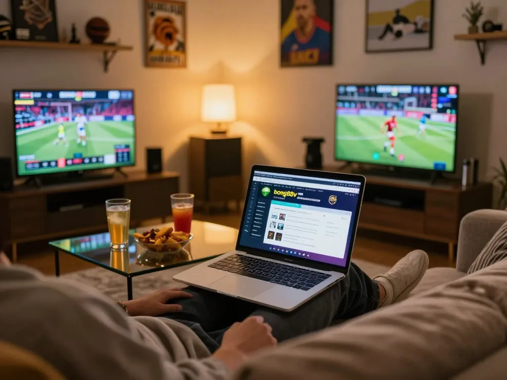 Bong88v user engaged in sports betting on a laptop in a cozy home setting