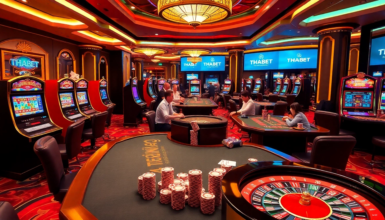 Exciting online gambling scene at THABET casino with players enjoying poker and vibrant slot machines.