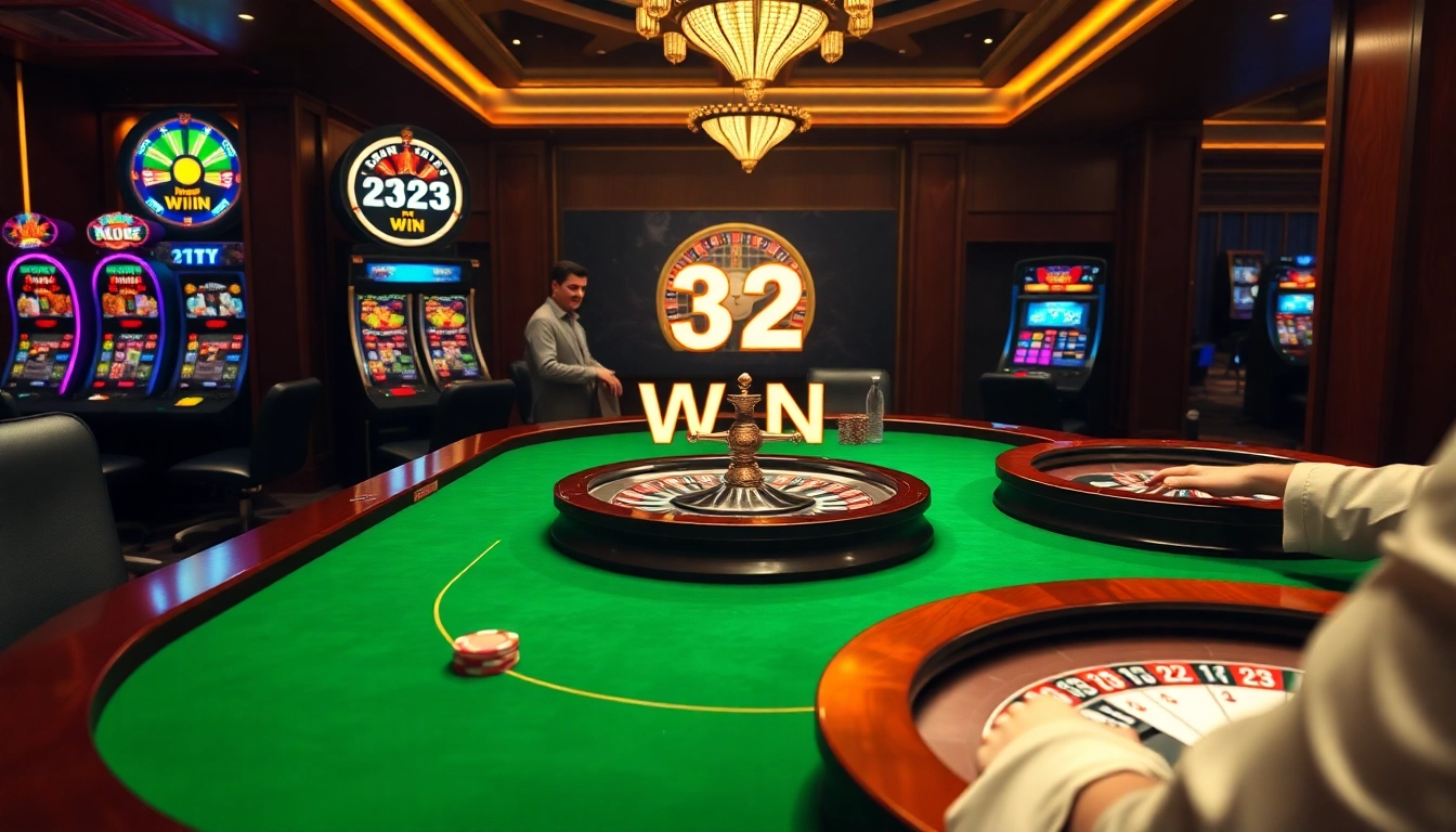 Players enjoying a thrilling game of cards at a luxurious casino table featuring 32 WIN.