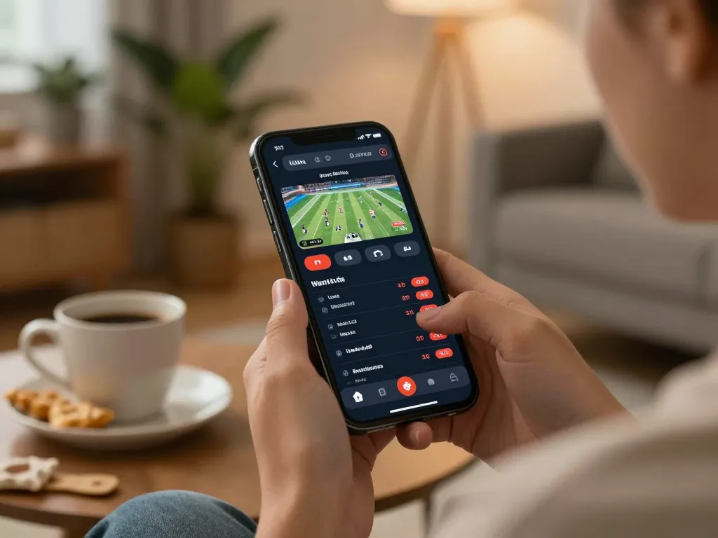 Placing bets on jun88 mobile app for live sports events from a cozy home setup.