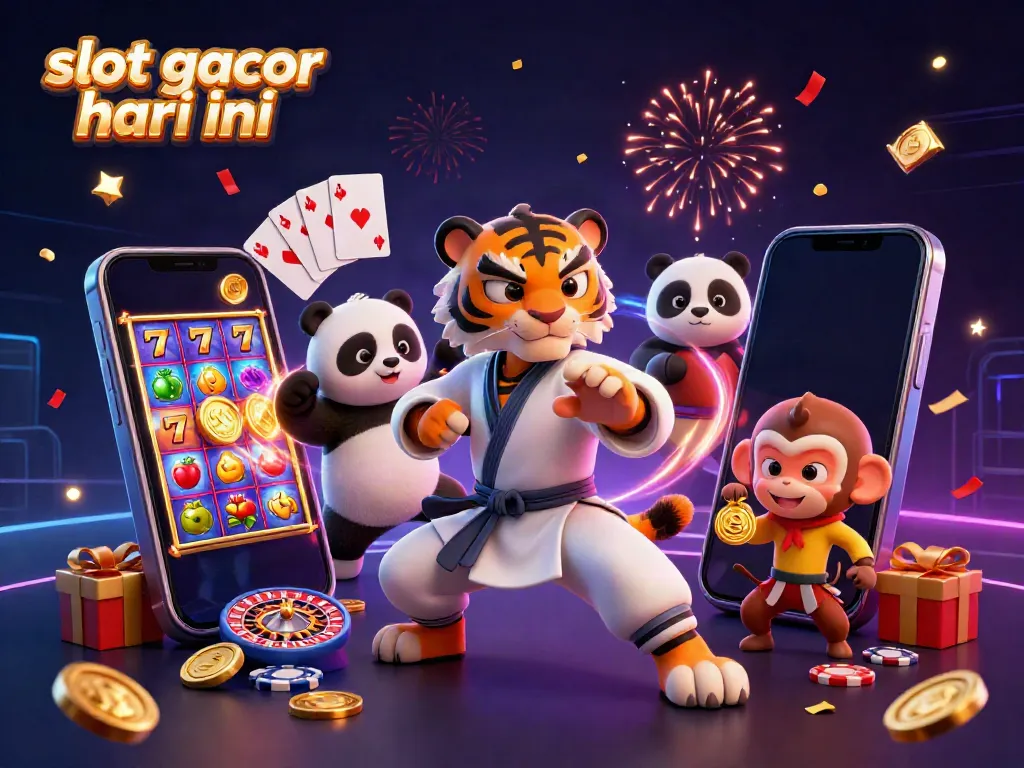Engage with slot gacor hari ini as a kung fu master tiger showcases skills amidst lively casino elements.