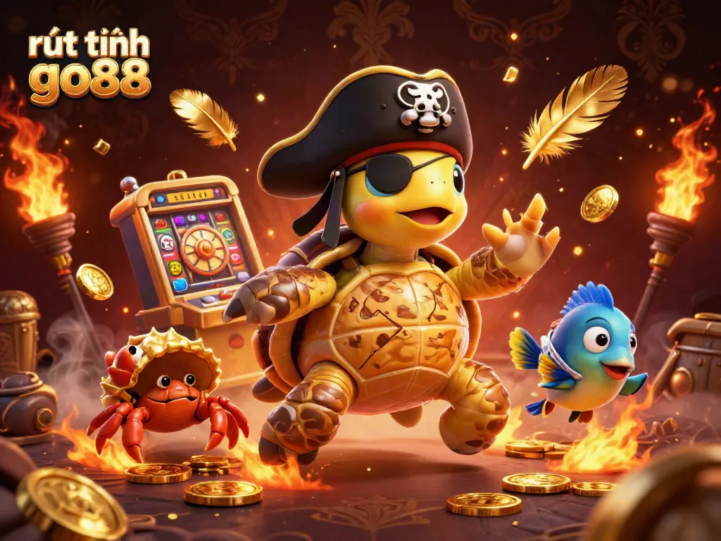Experience rút tiền go88 with a vibrant pirate-themed casino illustration featuring a turtle, crab, and parrotfish.