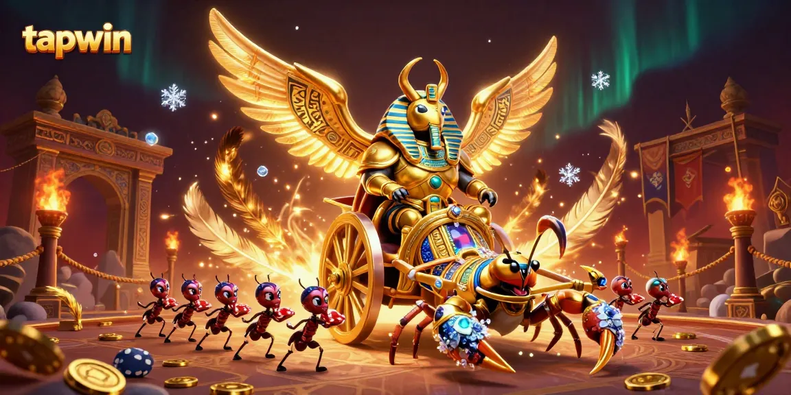 Play exciting games at tapwin with a grand golden beetle alongside scorpions and poker chips.