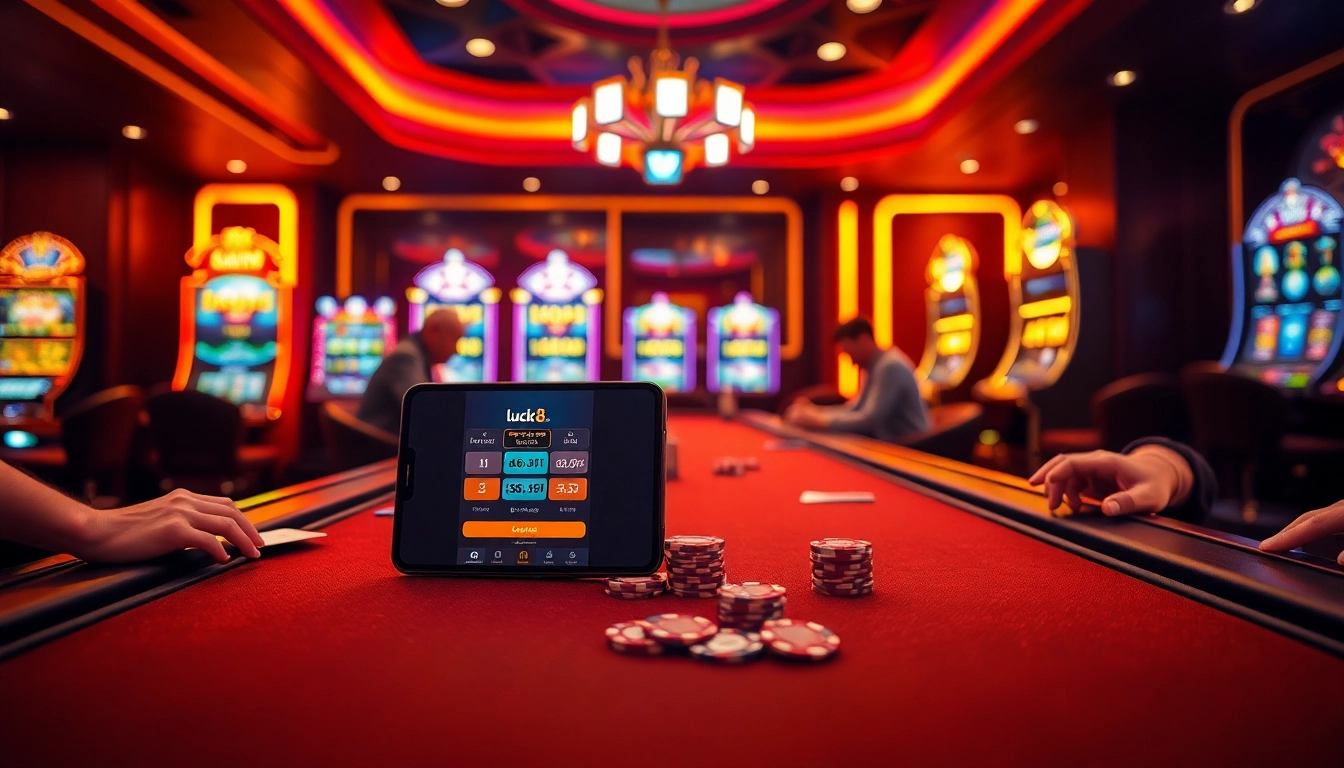 A high-stakes poker scene showcasing the luck8 app on a sleek smartphone among vibrant casino elements.