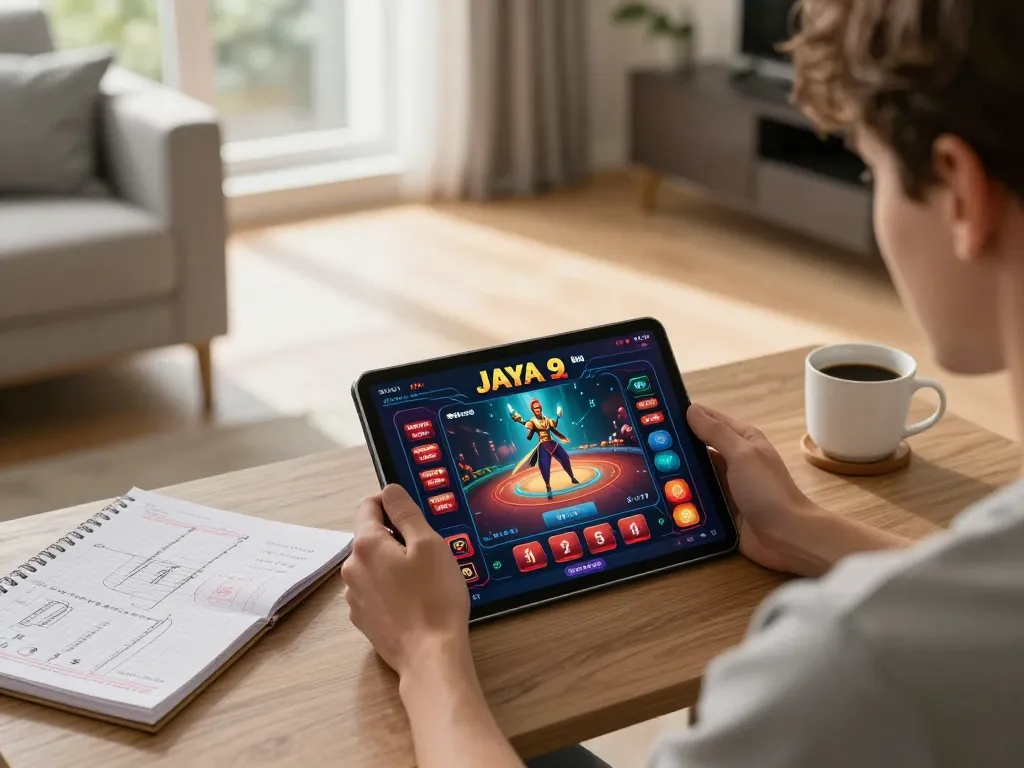Player enjoying Jaya 9 online casino game on tablet while taking strategic notes.