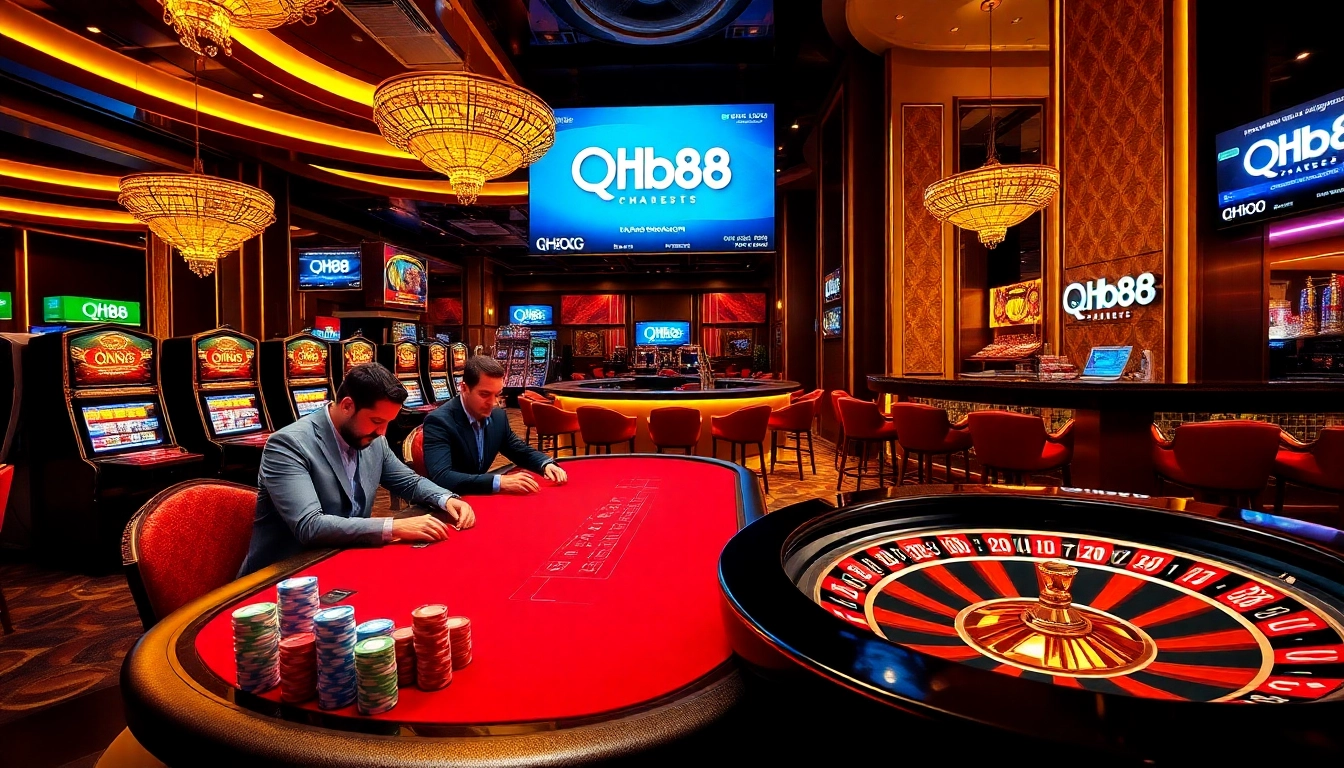 Experience excitement at the qh88 casino with poker chips and a spinning roulette wheel.