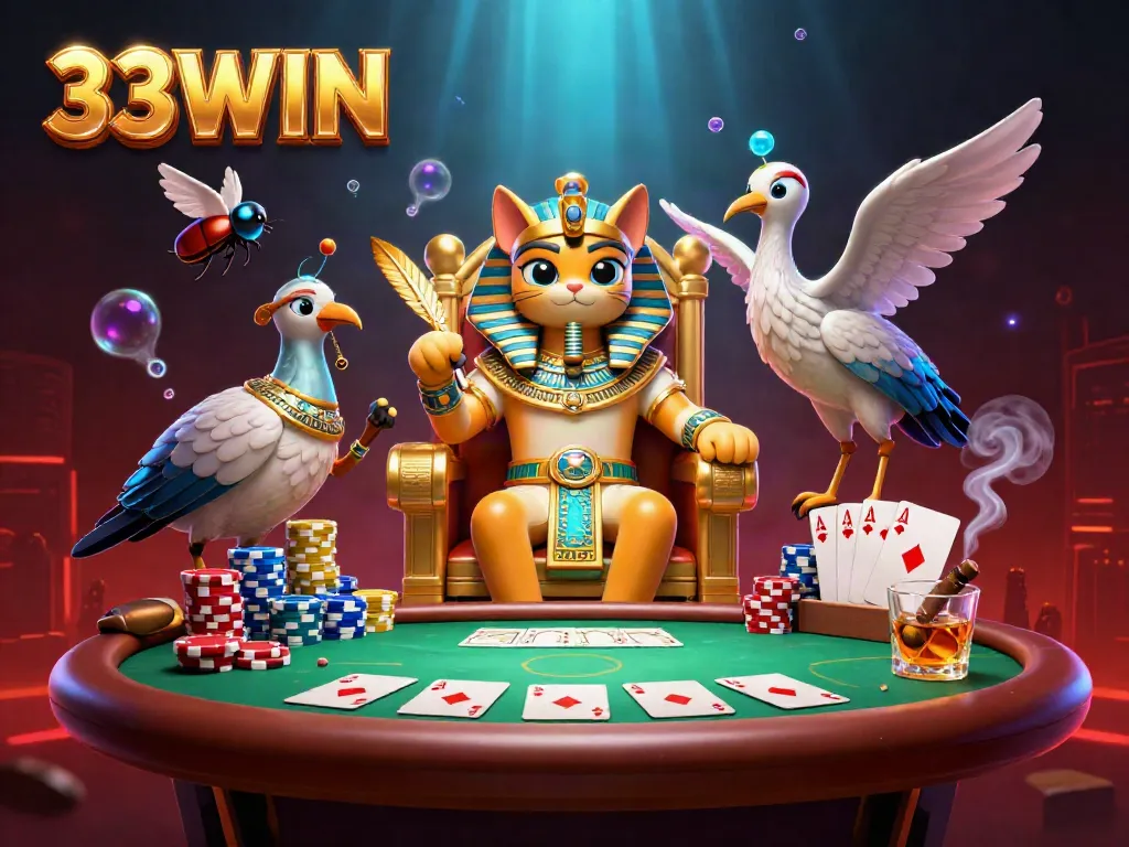 Experience thrilling poker action with 33WIN, featuring vibrant casino elements and 3D characters.