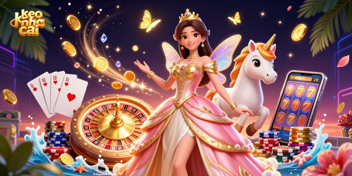 Experience exciting bets at keo nha cai with a magical scene of a glamorous princess, unicorn, and casino elements.