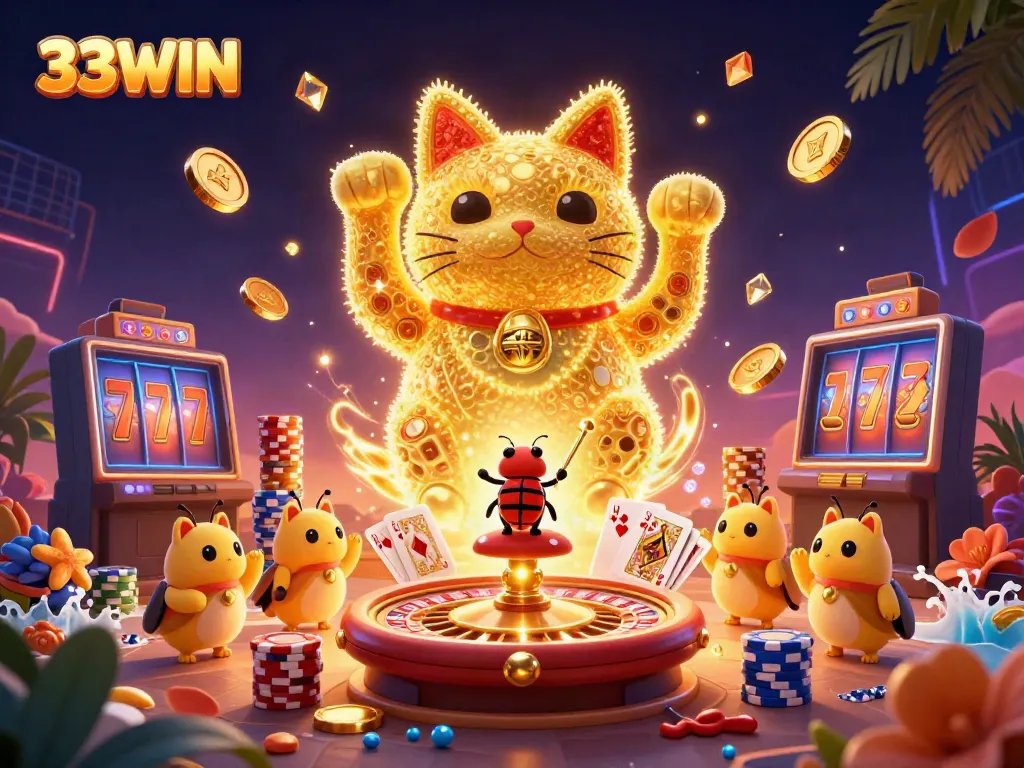 Engage with 33WIN's vibrant casino experience featuring a lucky cat illustration amidst dazzling casino elements.