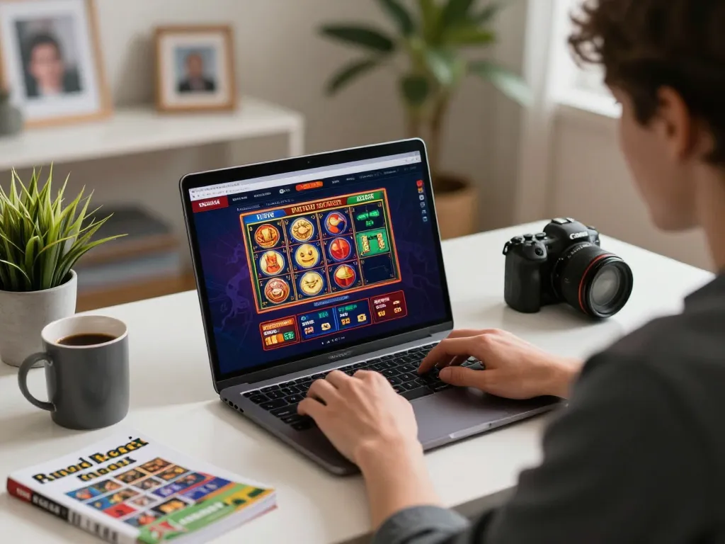 Engaging online gaming at home on cm88sm, showing vibrant slot games on laptop.