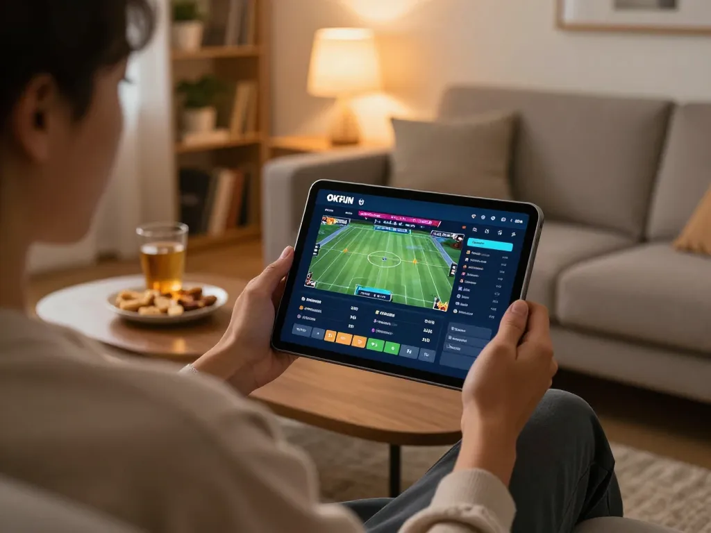 Person using the OKFUN app for online sports betting on a tablet in a cozy home setting.