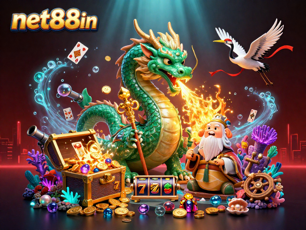 Engage in thrilling gameplay with net88in's vibrant casino illustration featuring a jade dragon, turtle sage, and lucky cranes.